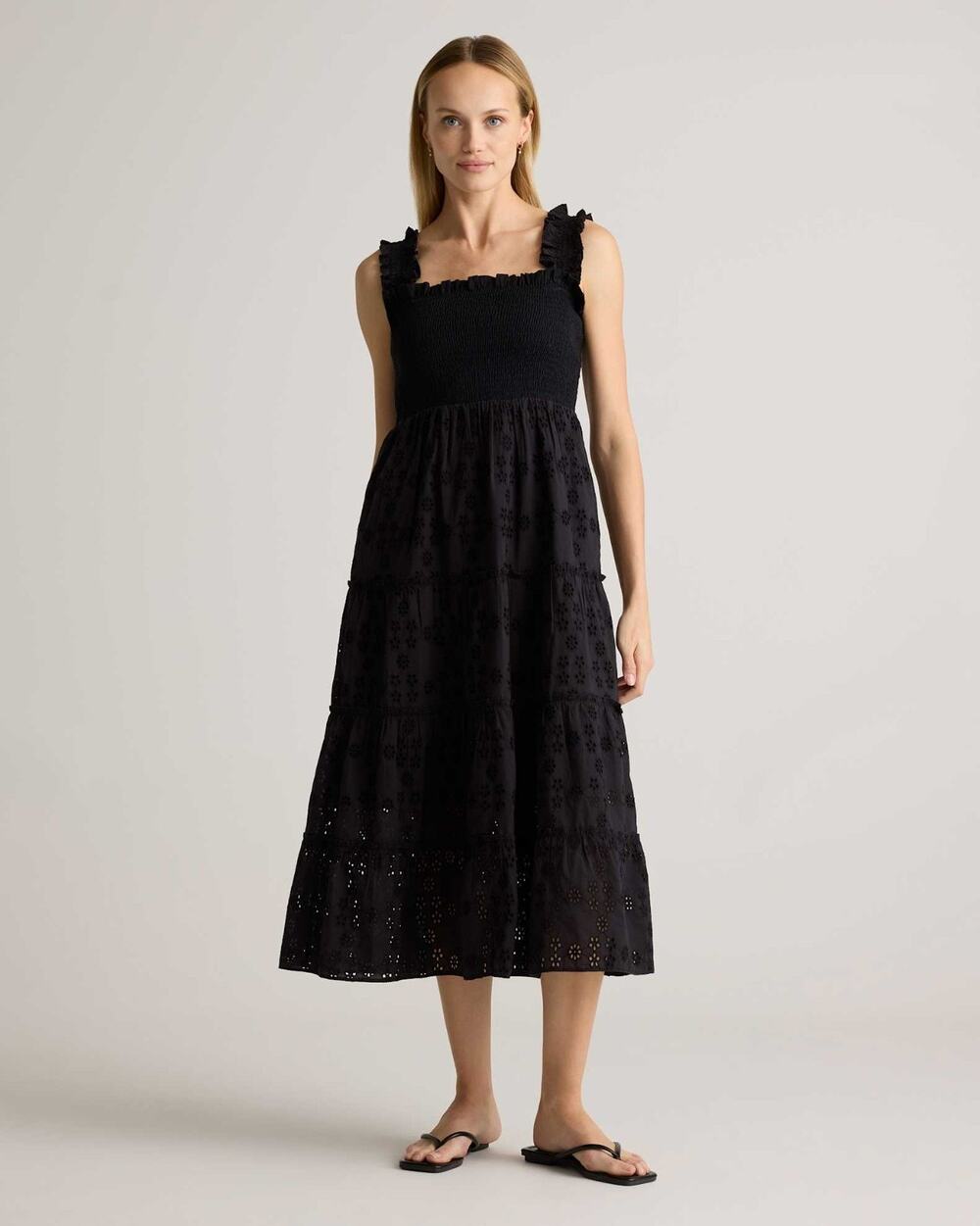 Quince Organic Cotton Eyelet Smocked Black Midi Dress New Medium